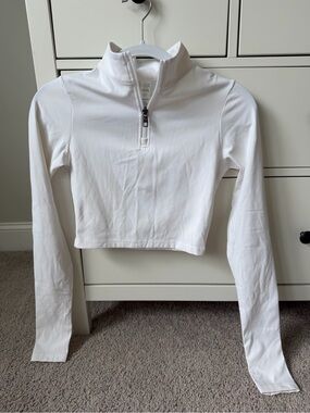 Cropped Half-Zip Long Sleeve Top - White